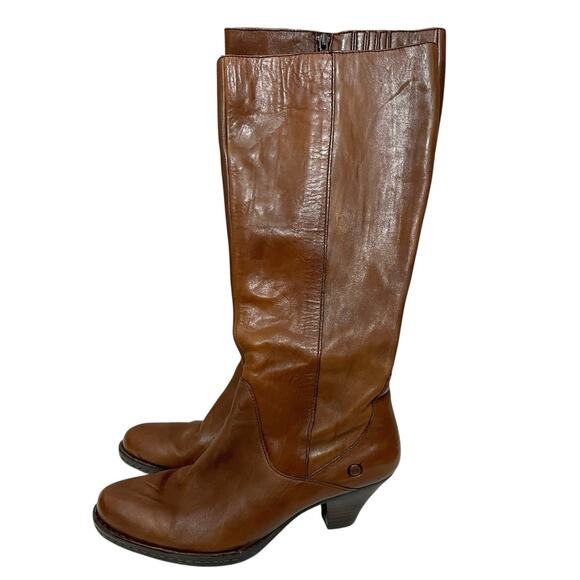 Born Navi Leather Knee High Boots Size 9 Cognac Brown Heeled Boho Equestrian - Picture 1 of 10